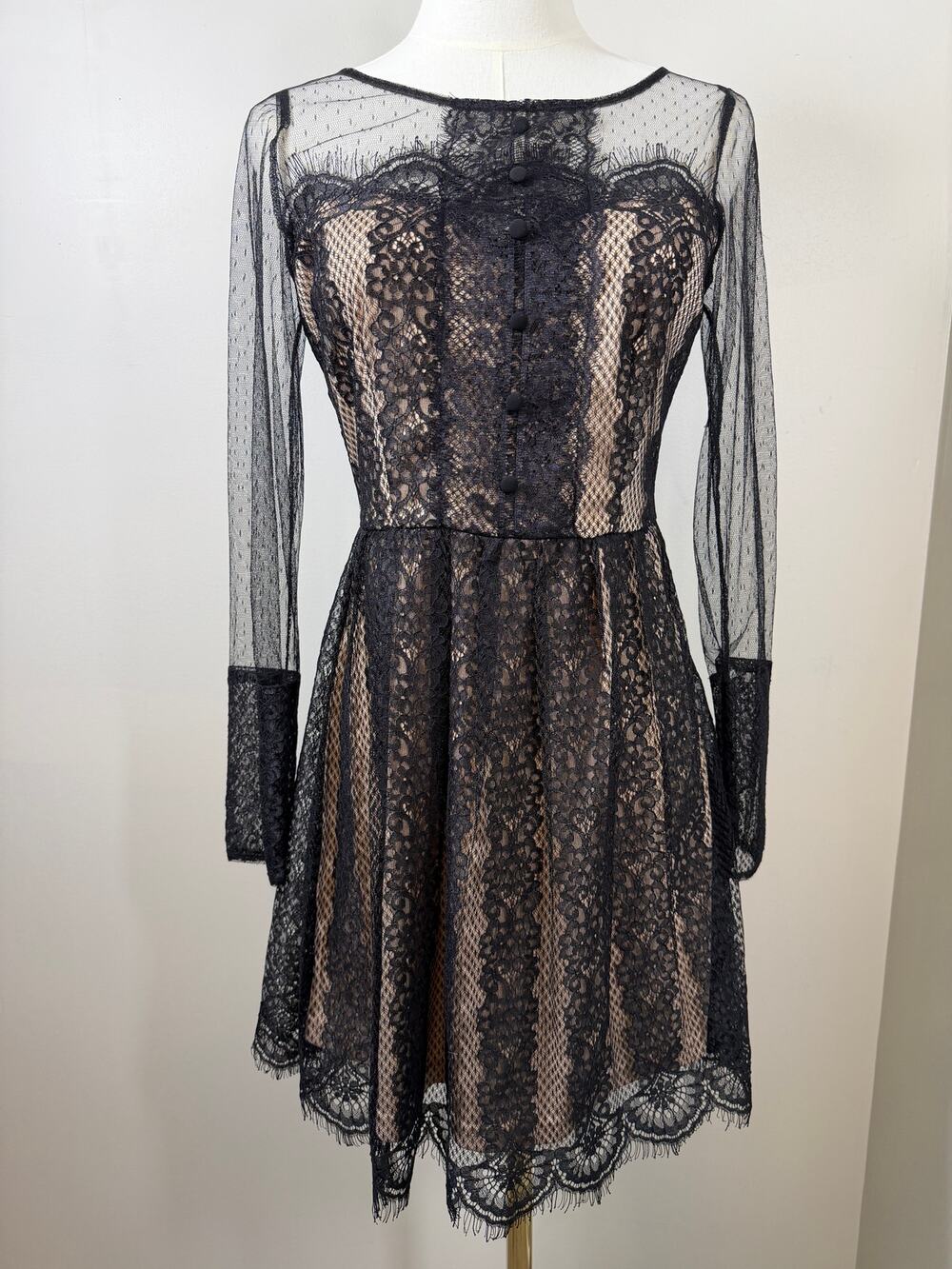 Soieblu Black Lace Illusion Mini Dress Nude Contrast Dark Coquette Whimsigoth S